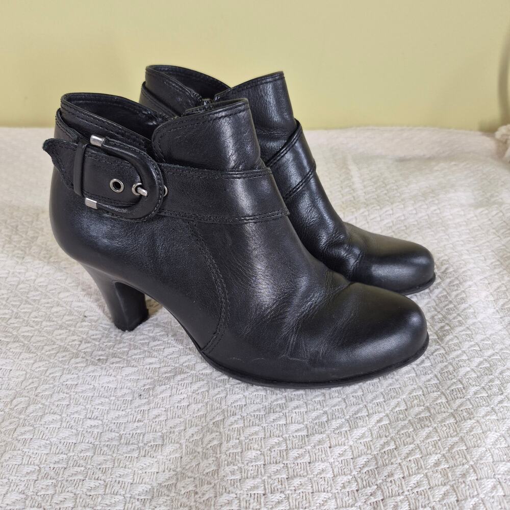 Nurture Napa Black Leather Heeled Ankle Boots Buckle Zip Womens Shoes Size 7M